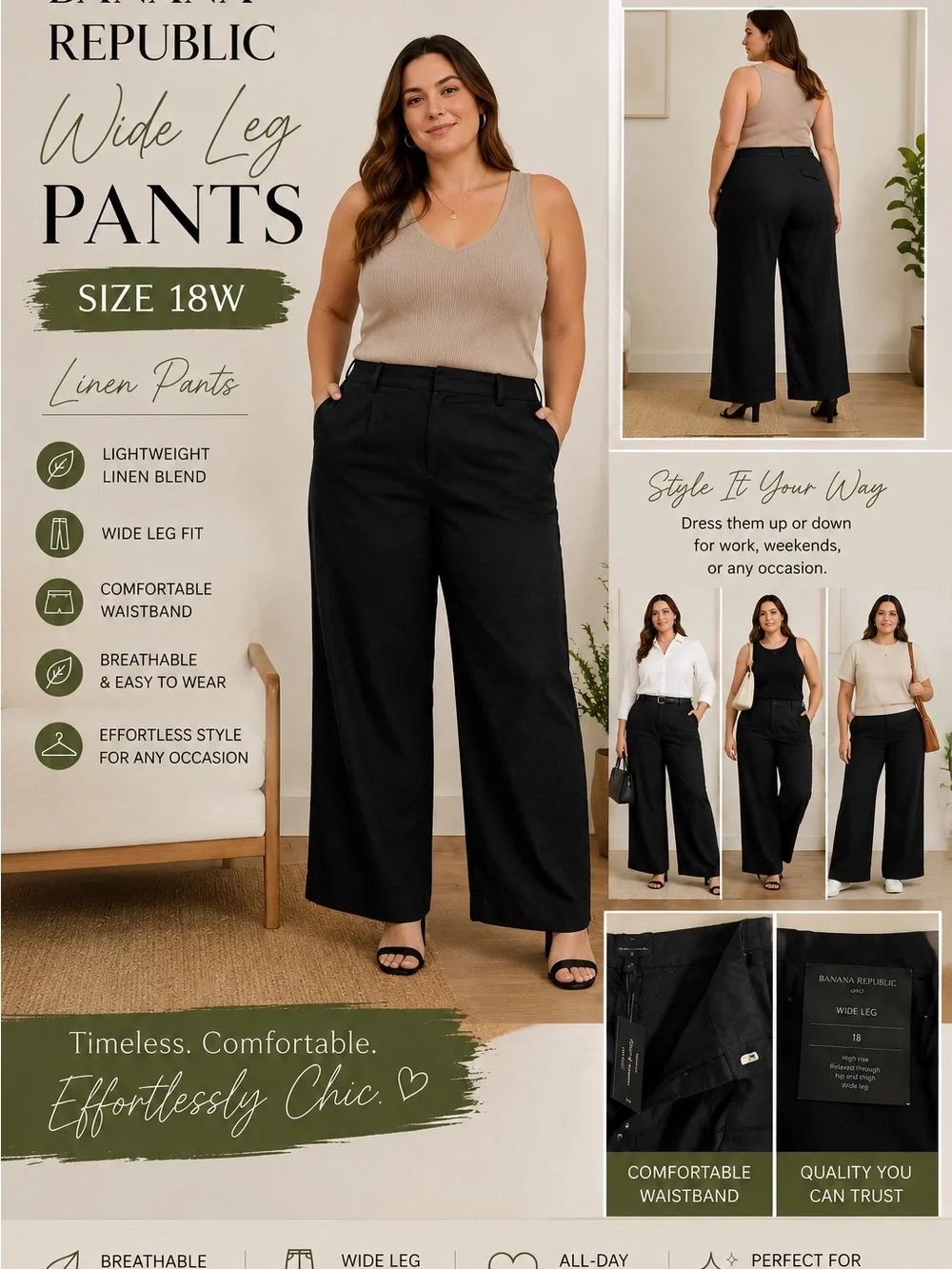 Banana Republic Black Wide Leg Linen-Blend Pants